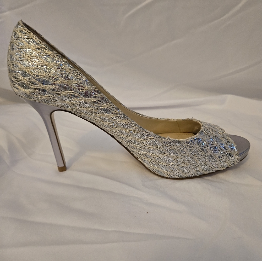 Enzo Angiolini Silver Sparkle Peep Toe Heels | Size 10.5 - Picture 8 of 8